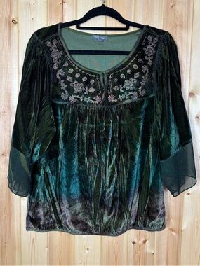 Roz Ali  Top LG Velvet Embroidered Flare Tie 3/4 Forest Fairy Grunge Y2K *REPAIR